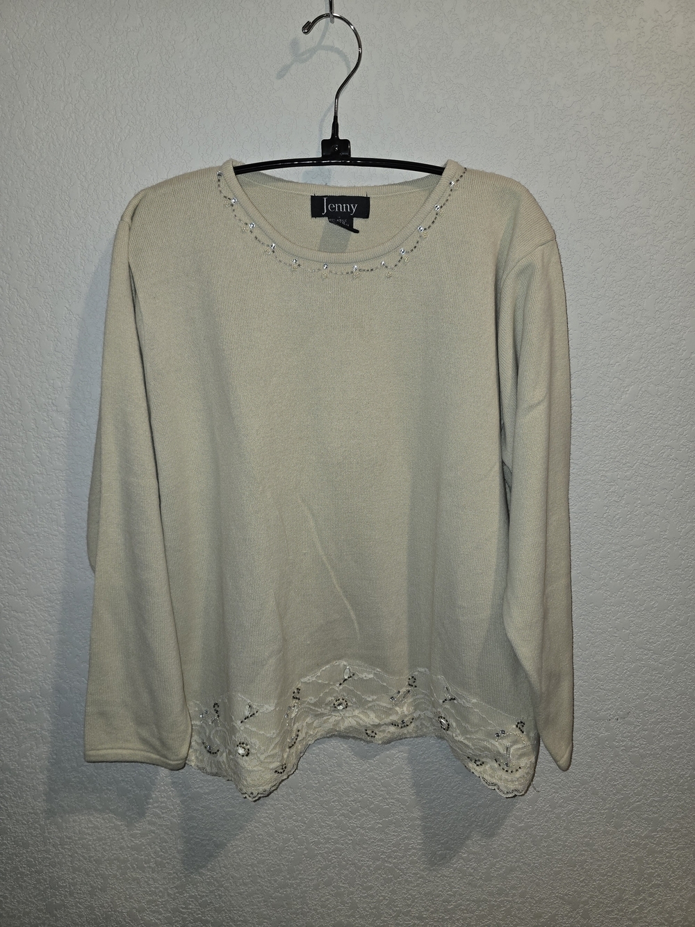 Jenny Beige Beaded & Lace Trim Knit Sweater - Size XL